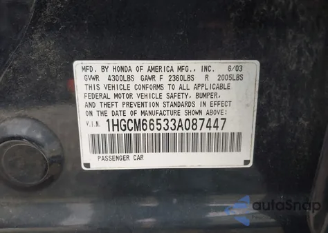 2003 Honda Accord 3.0 Ex from USA, damaged, VIN 1HGCM66533A087447